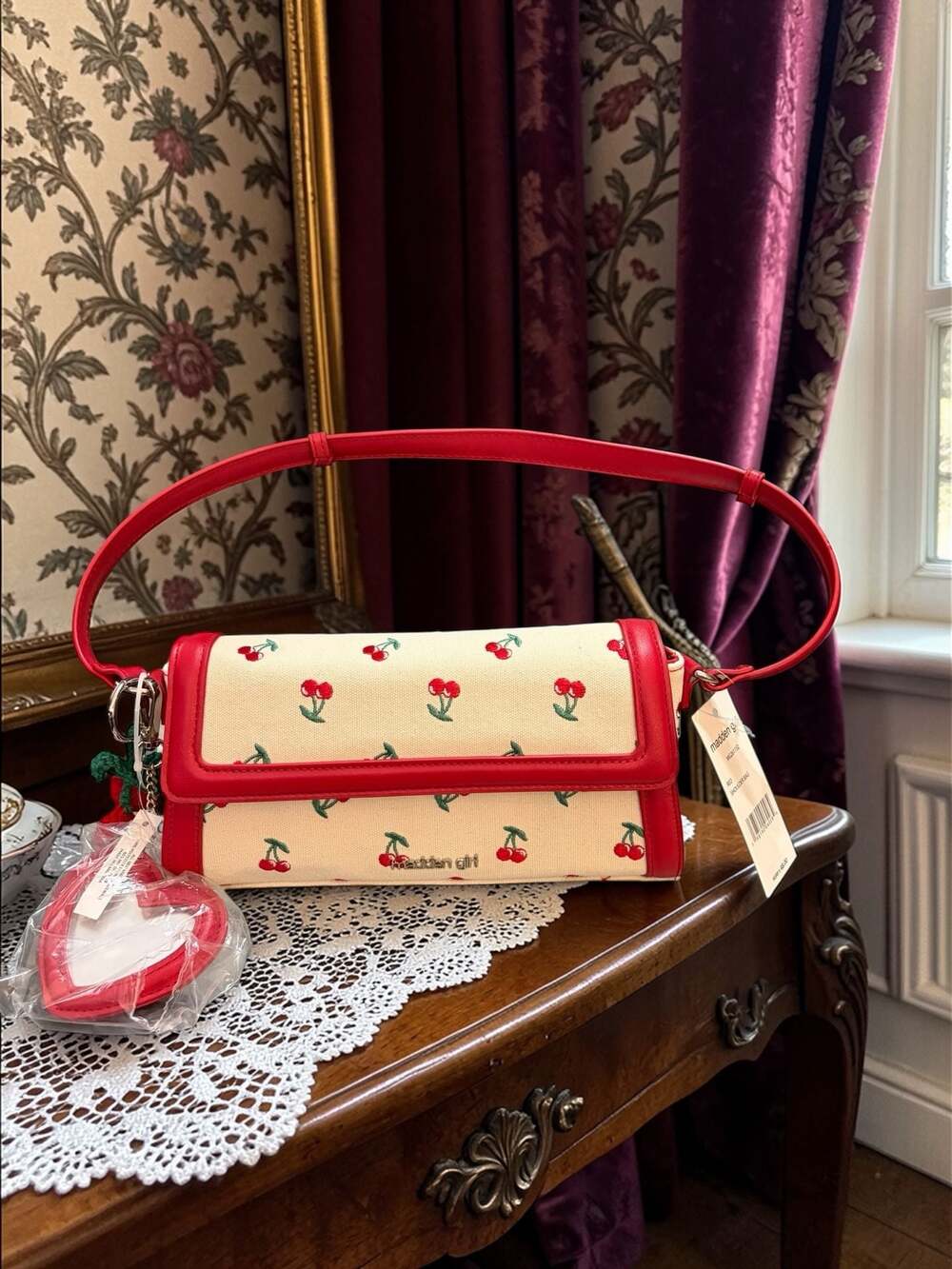 NWT Madden Girl Cherry Embroidered Canvas Shoulder Bag with Charms
